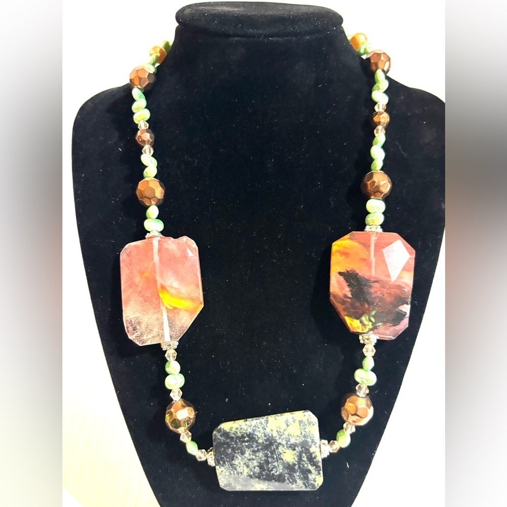 Handcrafted Green and Brown Beaded Necklace with Agate-Style Focal Stones